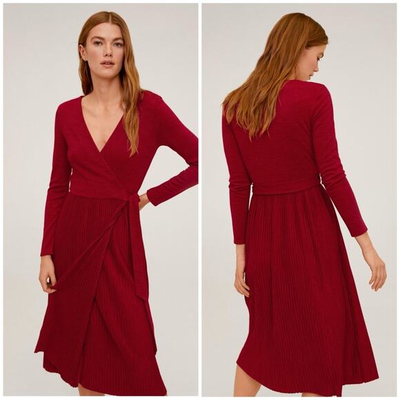 NEW Mango Deep Red Sweater Wrap Midi Dress - Picture 1 of 5